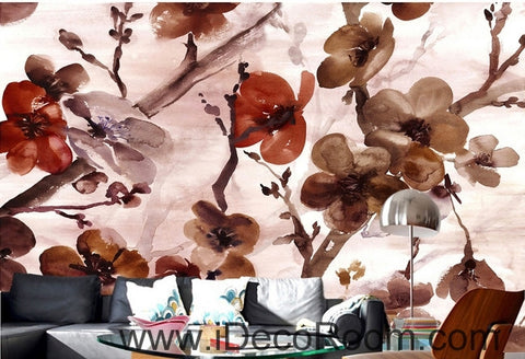 Image of European style retr brown blooming flower painting wall art wall decor mural wallpaper wall  IDCWP-000140