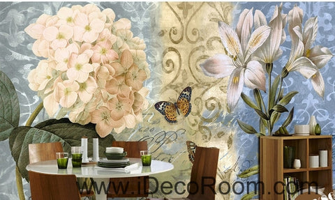 Image of European - style beautiful fresh blue - bottomed pattern Hydrangea lily wall art wall decor mural wallpaper wall  IDCWP-000146
