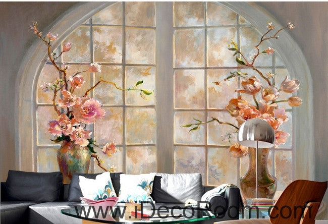 Beautiful dream round windowsill pink flower vase painting wall art wall decor mural wallpaper wall  IDCWP-000155