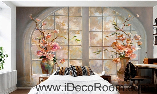 Beautiful dream round windowsill pink flower vase painting wall art wall decor mural wallpaper wall  IDCWP-000155