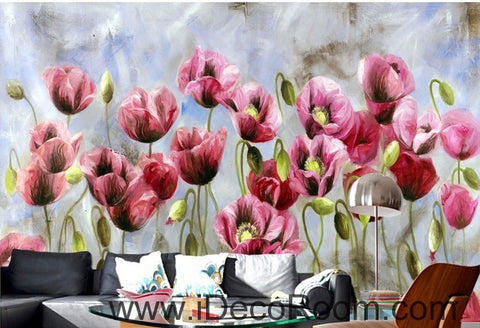 Image of A beautiful dream romantic bloom pink poppy oil painting effect wall art wall decor mural wallpaper wall  IDCWP-000158