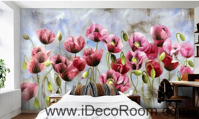A beautiful dream romantic bloom pink poppy oil painting effect wall art wall decor mural wallpaper wall  IDCWP-000158