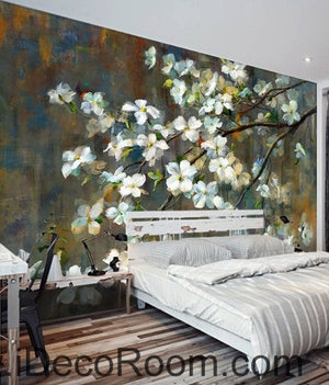 European Vintage Blooming White Peach Pear Flower Cherry oil painting effect wall art wall decor mural wallpaper wall  IDCWP-000159