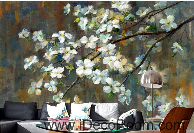 European Vintage Blooming White Peach Pear Flower Cherry oil painting effect wall art wall decor mural wallpaper wall  IDCWP-000159