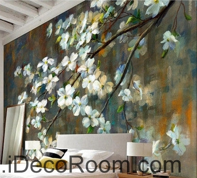 Image of European Vintage Blooming White Peach Pear Flower Cherry oil painting effect wall art wall decor mural wallpaper wall  IDCWP-000159
