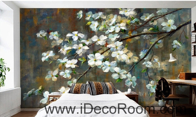 European Vintage Blooming White Peach Pear Flower Cherry oil painting effect wall art wall decor mural wallpaper wall  IDCWP-000159