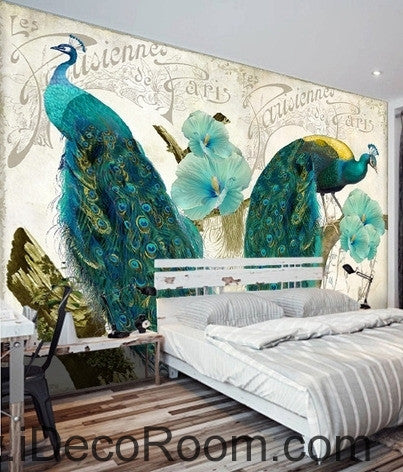 Image of Beautiful dream pattern blue peacock open screen poppy flower painting wall art wall decor mural wallpaper wall  IDCWP-000160