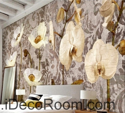 European Vintage Pattern White Blooming Orchid Puffer Flower oil painting effect wall art wall decor mural wallpaper wall  IDCWP-000162