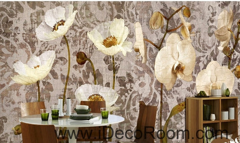 Image of European Vintage Pattern White Blooming Orchid Puffer Flower oil painting effect wall art wall decor mural wallpaper wall  IDCWP-000162