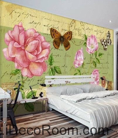 Beautiful dream fresh pink peony rose butterfly flying oil painting effect wall art wall decor mural wallpaper wall  IDCWP-000170