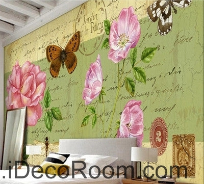 Beautiful dream fresh pink peony rose butterfly flying oil painting effect wall art wall decor mural wallpaper wall  IDCWP-000170