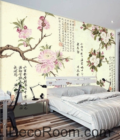 Retro pink blooming peach cherry tree branches calligraphy painting wall art wall decor mural wallpaper wall  IDCWP-000171