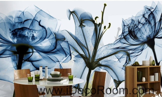 Beautiful dream fresh and romantic blue bloom lily rose transparent flowers wall art wall decor mural wallpaper wall  IDCWP-000173