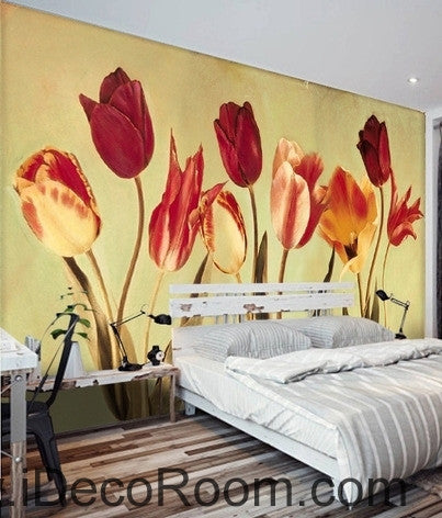Image of European-style retro blooming Hongyan yellow tulip flower painting wall art wall decor mural wallpaper wall  IDCWP-000182