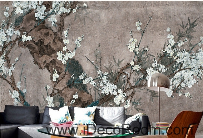European style retro gray background white floral branch old tree branch oil painting effect wall art wall decor mural wallpaper wall  IDCWP-000183