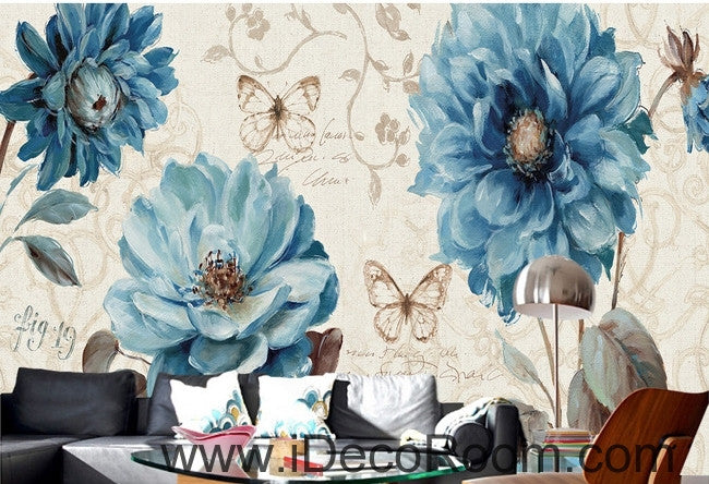 Beautiful dream fresh pattern blue peony butterfly wall art wall decor mural wallpaper wall  IDCWP-000184