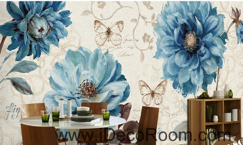 Image of Beautiful dream fresh pattern blue peony butterfly wall art wall decor mural wallpaper wall  IDCWP-000184