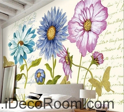 Image of Beautiful dream white daisy gesang flower butterfly oil painting effect wall art wall decor mural wallpaper wall  IDCWP-000188