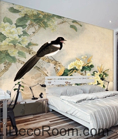 Retro bird on a branch of a bird magpie painting wall art wall decor mural wallpaper wall  IDCWP-000189