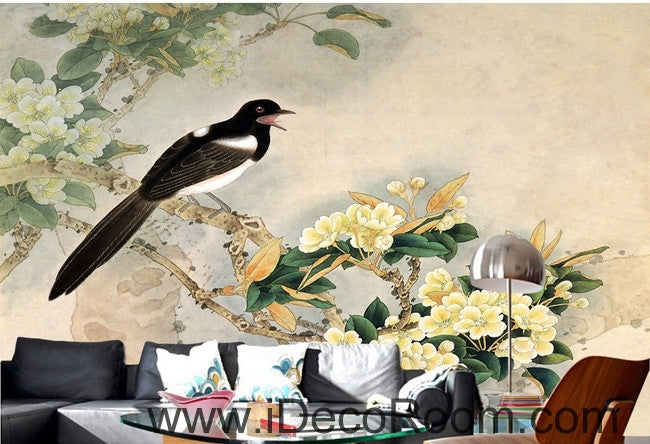 Retro bird on a branch of a bird magpie painting wall art wall decor mural wallpaper wall  IDCWP-000189