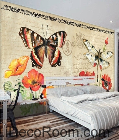 Image of European Style Retro Floral English Floral Butterfly oil painting effect wall art wall decor mural wallpaper wall  IDCWP-000190