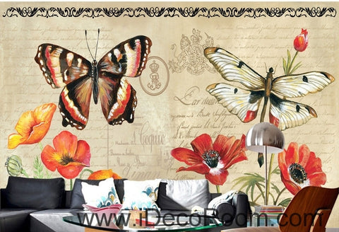 Image of European Style Retro Floral English Floral Butterfly oil painting effect wall art wall decor mural wallpaper wall  IDCWP-000190