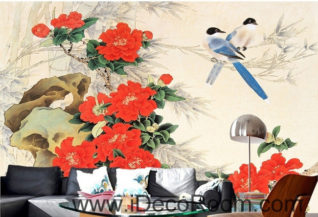Stone bloom red peony two magpie flowers and birds painting wall art wall decor mural wallpaper wall  IDCWP-000192
