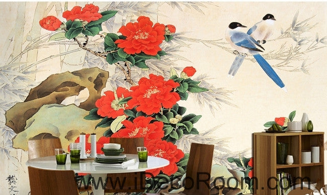Stone bloom red peony two magpie flowers and birds painting wall art wall decor mural wallpaper wall  IDCWP-000192