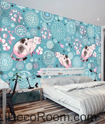 Cute cartoon blue pattern flowers and birds cat animal oil painting effect wall art wall decor mural wallpaper wall  IDCWP-000198
