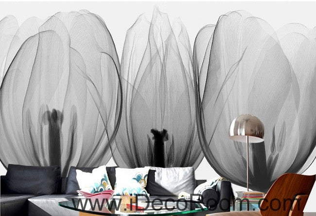 Beautiful black and white art tulips petals transparent flowers close wall art wall decor mural wallpaper wall  IDCWP-000199