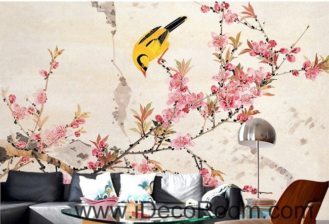 Retro beautiful pink cherry on the oriole magpie bird oil painting effect wall art wall decor mural wallpaper wall  IDCWP-000200