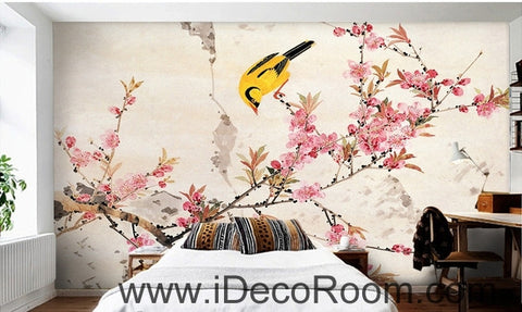 Image of Retro beautiful pink cherry on the oriole magpie bird oil painting effect wall art wall decor mural wallpaper wall  IDCWP-000200