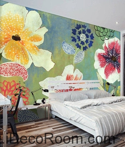 A beautiful fresh blue sky blooming poppy flower hydrangea pattern oil painting effect wall art wall decor mural wallpaper wall  IDCWP-000201