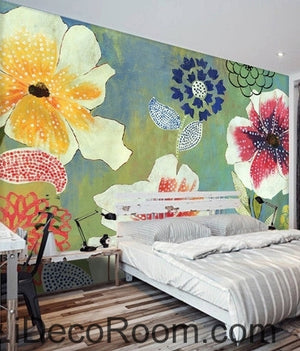 A beautiful fresh blue sky blooming poppy flower hydrangea pattern oil painting effect wall art wall decor mural wallpaper wall  IDCWP-000201