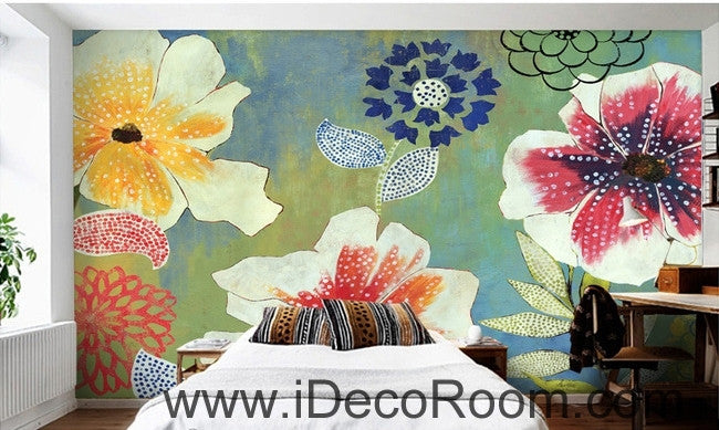 A beautiful fresh blue sky blooming poppy flower hydrangea pattern oil painting effect wall art wall decor mural wallpaper wall  IDCWP-000201
