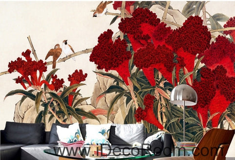 Image of Retro Hongyan a piece of cockscomb flowers on the magpie bird oil painting effect wall art wall decor mural wallpaper wall  IDCWP-000203