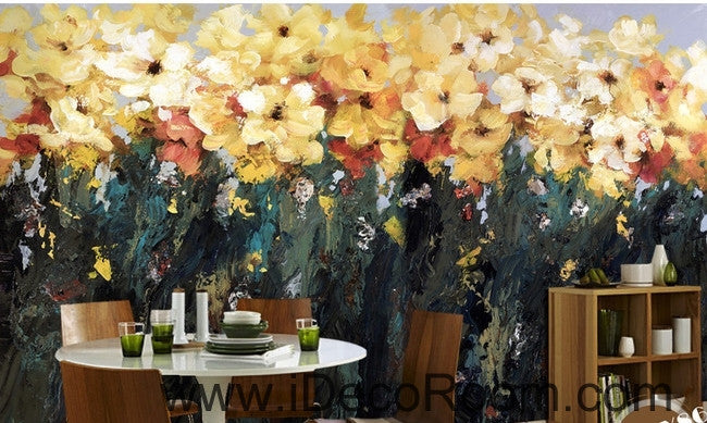 Beautiful fantasy abstract blooming yellow flowers flower oil painting effect wall art wall decor mural wallpaper wall  IDCWP-000208