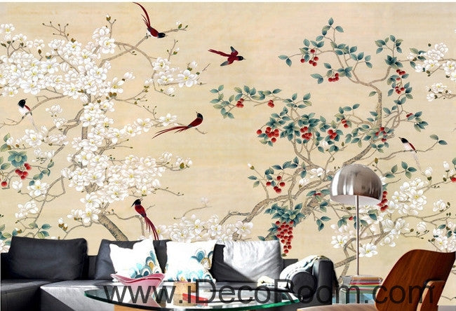 New Chinese flowers and birds Yangmei magnolia flower on the magpie bird painting wall art wall decor mural wallpaper wall  IDCWP-000209