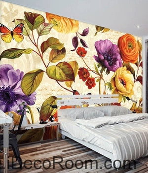 Retro blooming flowers rose peony butterfly oil painting effect wall art wall decor mural wallpaper wall  IDCWP-000212