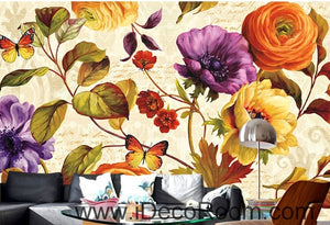 Retro blooming flowers rose peony butterfly oil painting effect wall art wall decor mural wallpaper wall  IDCWP-000212