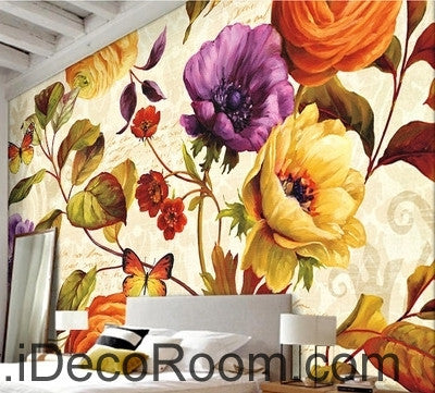 Retro blooming flowers rose peony butterfly oil painting effect wall art wall decor mural wallpaper wall  IDCWP-000212