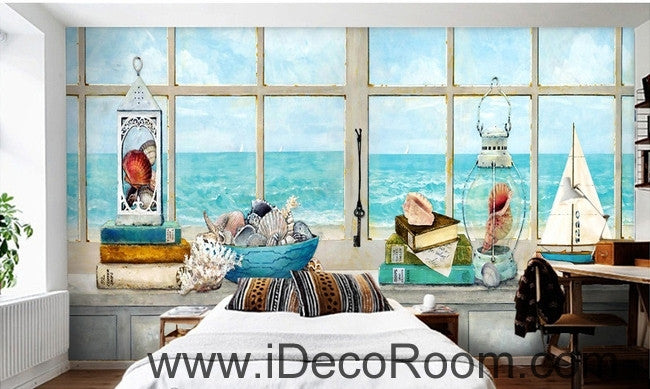 A beautiful fresh dream blue sea water white windowsill oil painting effect wall art wall decor mural wallpaper wall  IDCWP-000220