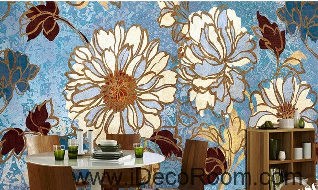 Beautiful fresh blue sky abstract flowers peony oil painting effect wall art wall decor mural wallpaper wall  IDCWP-000226