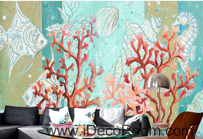 Aesthetic Dreams Blue Underground World Coral Tropical Fish oil painting effect wall art wall decor mural wallpaper wall  IDCWP-000231