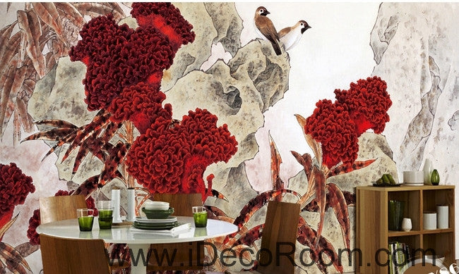 Retro Hongyan a piece of cockscomb flowers on the magpie bird oil painting effect wall art wall decor mural wallpaper wall  IDCWP-000235