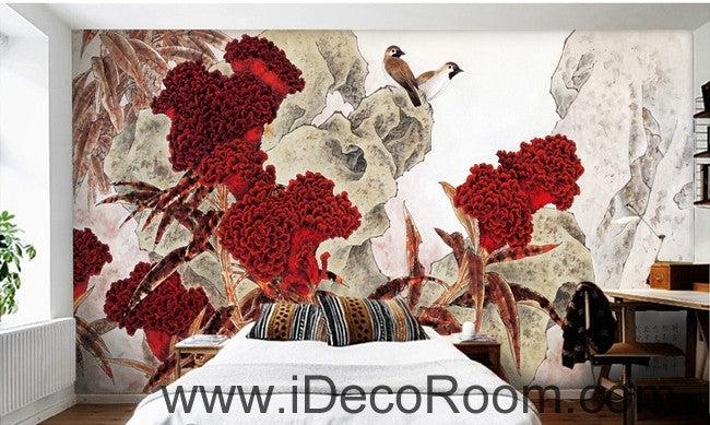 Retro Hongyan a piece of cockscomb flowers on the magpie bird oil painting effect wall art wall decor mural wallpaper wall  IDCWP-000235