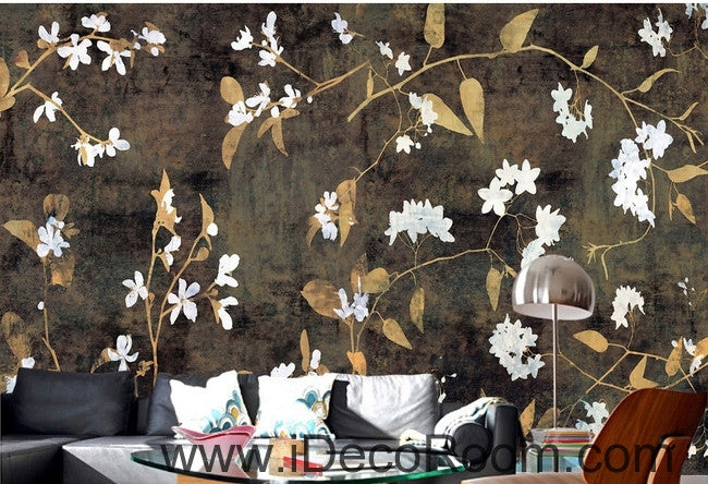 Retro black background pattern small floral painting wall art wall decor mural wallpaper wall  IDCWP-000236