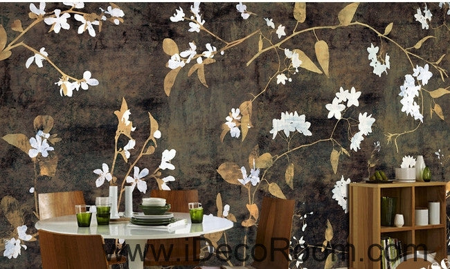 Retro black background pattern small floral painting wall art wall decor mural wallpaper wall  IDCWP-000236
