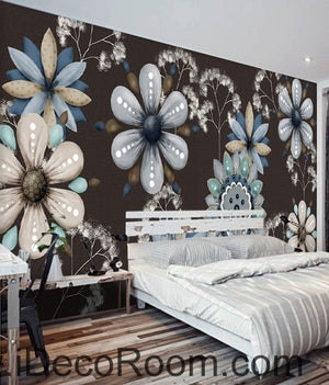 Retro Black Background Flower Small Round Flower oil painting effect wall art wall decor mural wallpaper wall  IDCWP-000239