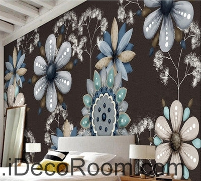 Retro Black Background Flower Small Round Flower oil painting effect wall art wall decor mural wallpaper wall  IDCWP-000239